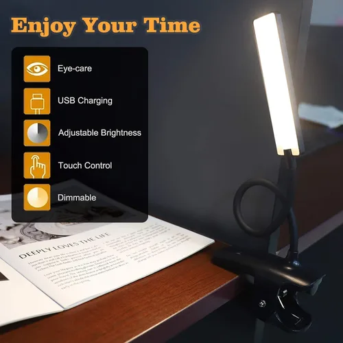 Vista 5 de Luz de Lectura LED con Clip Recargable USB Luces para Libros, 24 LEDs Lámpara de Cama Nocturna de Cuello Flexible, Control Táctil Lámparas