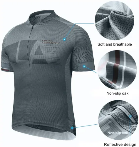 Vista 3 de Santic Camiseta de ciclismo para hombre, manga corta, camiseta de ciclismo de carretera, cremallera completa, UPF 50+, MTB con bolsillos Gris