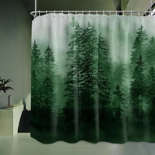 Vista 15 de Cortina de ducha estrecha para hombre, diseño de bosque negro y gris, para casa rodante, juego de decoración de baño, tela impermeable con ganchos