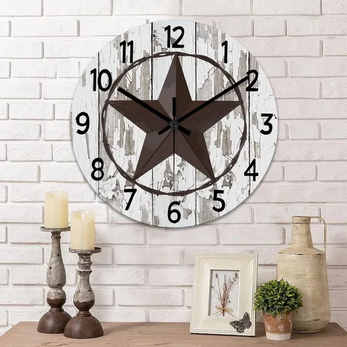 Vista 11 de Reloj de pared rústico de estilo retro clásico con estrella de Texas occidental, reloj de madera, silencioso, sin tictac, funciona