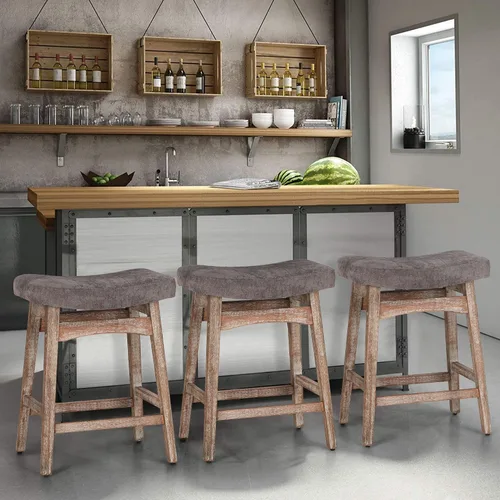 Vista 11 de Taburete de bar gris de madera maciza para encimera de cocina, taburete de bar con asiento de cuero sintético, taburete tapizado para isla de 34 a