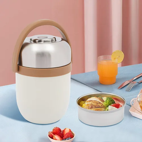 Vista 3 de Tarro de 2 niveles de acero inoxidable aislado al vacío de boca ancha para sopa y comida caliente con mantiene térmico, portátil, apilable, cajas