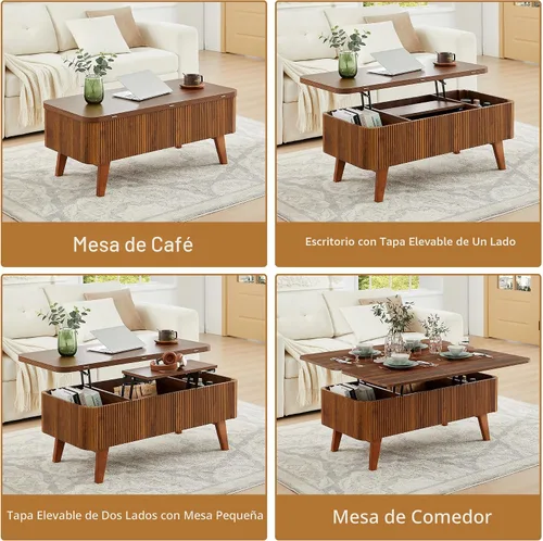 Vista 4 de Mesa de centro elevable 3 en 1, mesas de centro convertibles acanaladas que se convierten en mesas de comedor, moderna mesa central de madera Nuez 3