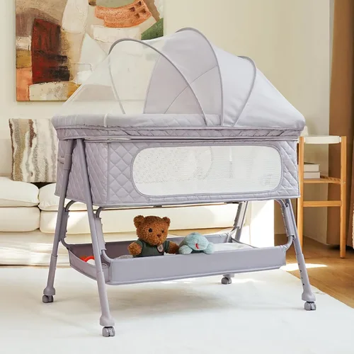 Vista 7 de Bassinet Bedside Sleeper, Adjustable Height Baby Bassinet with Wheels, Easy Assemble & Folding Crib with Comfy Mattress, Breathable Mesh Bedside Gris