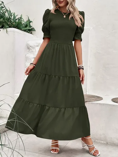 Vista 84 de BTFBM Vestidos para mujer, cuello redondo, casual, de verano, con volantes, manga corta, bohemio, con niveles, fruncido, largo, con estampado floral