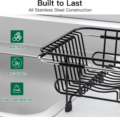 Vista 5 de Apartment RV Small Dish Drainer Drying Rack Over The Sink In Stainless Steel for Narrow Kitchen, Counter Space Saving Compact Expandable Metal Plate