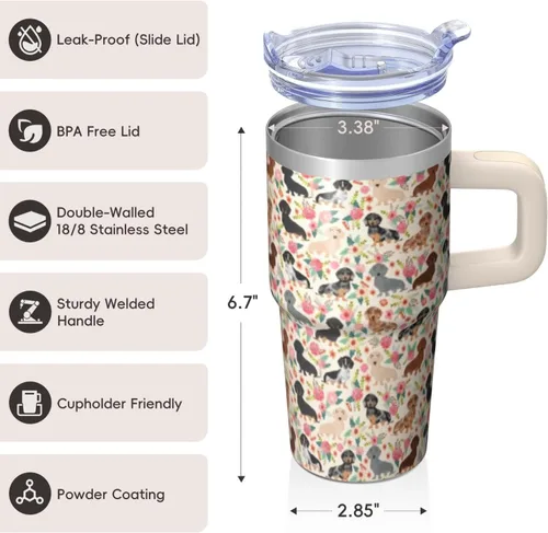 Vista 3 de Dachshund - Vaso de viaje aislado de acero inoxidable de 20 onzas con asa y pajilla, regalo para mujer, para el Día de la Madre, a prueba de fugas