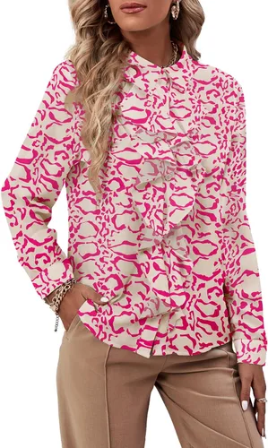Vista 29 de LYANER - Blusa de manga larga con cuello de botón y volantes en la parte delantera para mujer