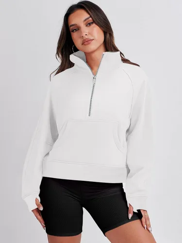 Vista 3 de ANRABESS Sudaderas recortadas para mujer, con media cremallera, forro polar, con cremallera de un cuarto, ropa de otoño 2023, suéter con agujero