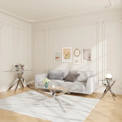 Vista 9 de Mesa de centro de cristal de 47 pulgadas con parte superior de vidrio templado y patas de metal dorado, mesa central rectangular moderna para sala