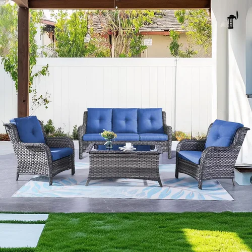 Vista 31 de Belord Mesa auxiliar pequeña para exteriores, mesa de mimbre de vidrio templado, mesa de centro impermeable para patio, mesa auxiliar de ratán