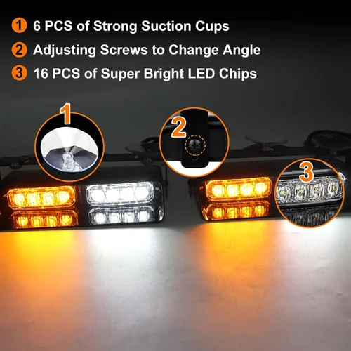 Vista 2 de Luz estroboscópica LED para salpicadero, 16 modos intermitentes 2 en 1, luces estroboscópicas LED de 12 V LED de alta intensidad para parabrisas