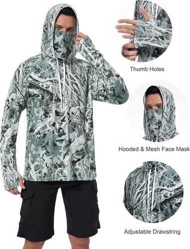 Vista 4 de FISHEAL Camisas de caza para hombre con máscara UPF 50+ Camo Manga Larga Pesca Sudadera con Capucha con Cordón Ajustable