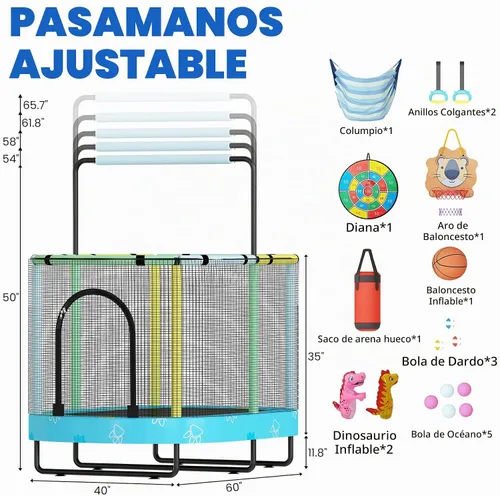 Vista 9 de Lamerge Kids Trampoline, Toddler Bouncing Trampoline with Safety Enclosure Net, ASTM-Approved, 500lbs Capacity, Ages 1-8, Adjustable Handrail