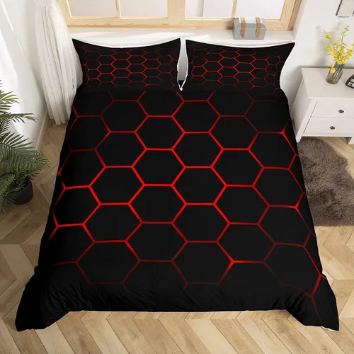 Vista 3 de Funda de edredón de panal para niños, hombres y niñas, juego de ropa de cama moderno con temática geométrica hexagonal, diseño de cuadrícula