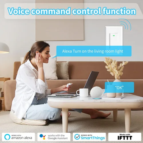 Vista 4 de Interruptor Inteligente de 3 Vías Compatible con Alexa y Google Home, Interruptor Inteligente de Luz WiFi de 2.4GHz, Interruptores de Luz de Control