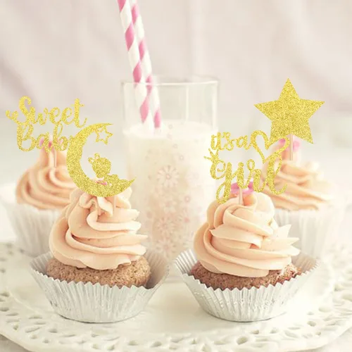 Vista 7 de 36 piezas de decoración para cupcakes con diseño de luna con purpurina de luna y estrella para revelación de género de bebé, baby shower, fiestas