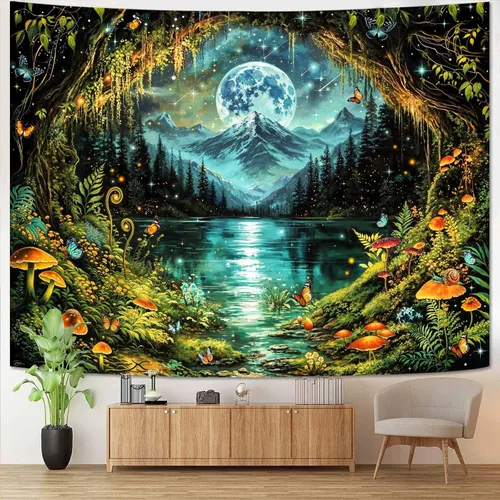 Vista 19 de Kanuyee Tapiz de bosque verde, tapiz de paisaje para pared, tapices de naturaleza para techo y pared, colgante para dormitorio, sala de estar