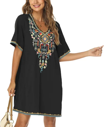 Vista 2 de Grosy Vestidos bordados de campesino mexicano para mujer vestido bohemio de fiesta de talla grande para mujer túnica tradicional floral bohemia