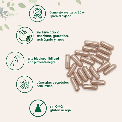 Vista 4 de Liver Advanced+, 240 cápsulas vegetales Complejo 20 en 1 con cardo mariano, diente de león, NAD, NAC, ALA, TUDCA, glutatión, alcachofa, cúrcuma