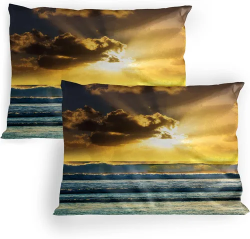 Vista 9 de Lunarable Ocean Pillow Sham Set of 2, Sunset at a Smooth Sandy Beach with Small Wave and Bubbles from The Sea, Quality Microfiber Bedding Item for
