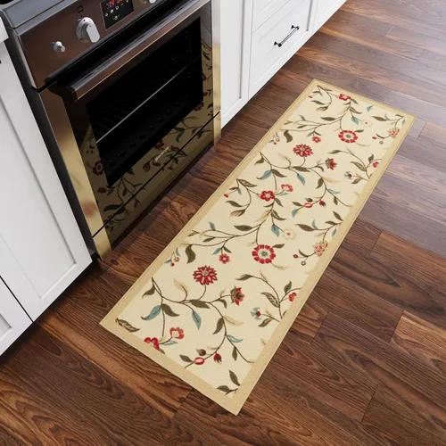 Vista 57 de Ottomanson, colección OttoHome, tapete para corredor con diseño azul claro y damasco (antiderrapante), parte trasera de goma Floral Beige