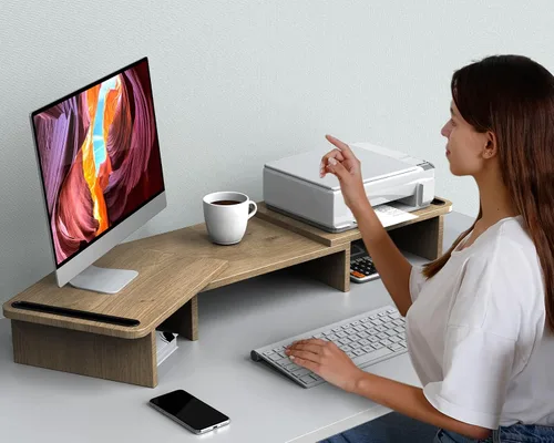 Vista 5 de Zimilar Soporte elevador de monitor doble, soporte para monitor con longitud y ángulo ajustables, soporte de monitor de madera para escritorio