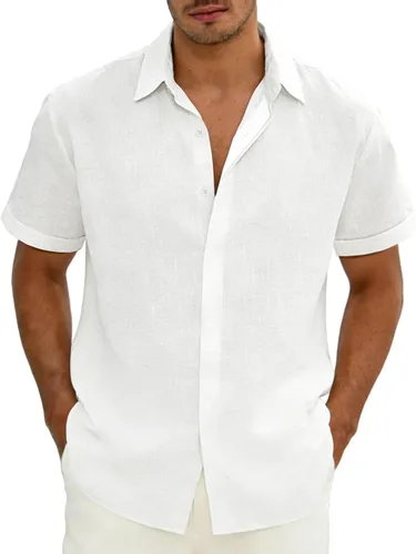 Vista 11 de Camisas de lino con botones para hombre, camisa casual de manga corta, sin pliegues, vestido de boda de verano, camisa de vacaciones en la playa