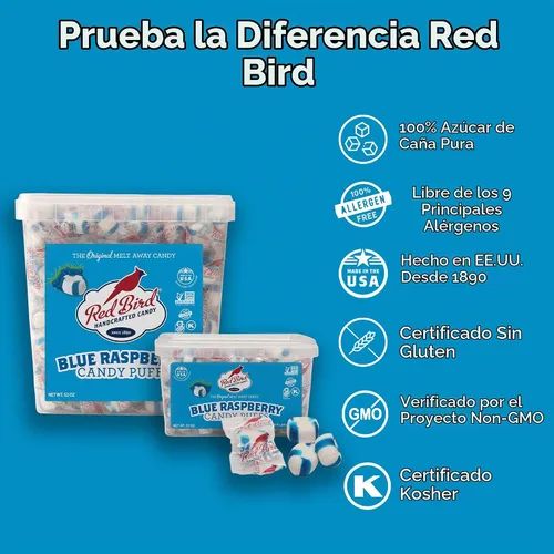 Vista 4 de Red Bird Mentas azules de caramelo de frambuesa, bocanadas suaves envueltas individualmente a granel, tubo de 22 onzas