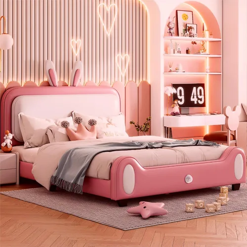 Vista 20 de Cama de plataforma, base de cama tapizada de cuero con cabecera de adorno de conejo, ideal para el dormitorio o apartamento de un niño