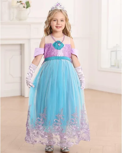 Vista 2 de Luzlen Vestido de princesa de sirena para niñas, disfraz de Ariel con accesorios, disfraz de cosplay de Halloween