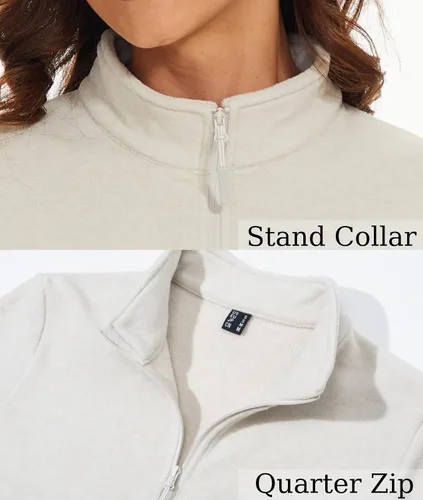 Vista 3 de MAGCOMSEN Sudadera de forro polar con cremallera de un cuarto para mujer, suave, ligera, manga larga, cálida, Beige