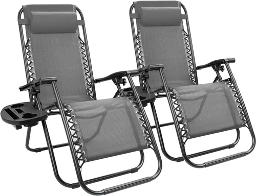 Vista 8 de KaiMeng - Sillas plegables de gravedad cero para patio al aire libre, silla reclinable ajustable con almohadas y portavasos para playa, juego de 2