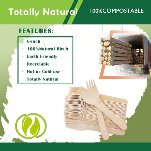 Vista 3 de Tenedores de madera desechables, paquete de 100 unidades, 6.5 pulgadas de longitud, biodegradables, utensilios de madera natural, ideales