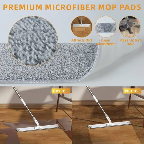 Vista 4 de Trapeador plano de microfibra para limpieza de pisos, base de aluminio de 18 pulgadas (17.7 pulgadas/17.7 in), mango ajustable de acero inoxidable