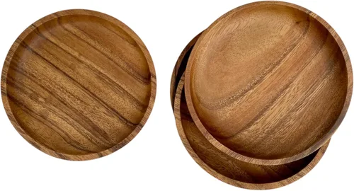 Vista 8 de Juego de 4 platos de madera de acacia, redondos de 6 pulgadas, postre de madera maciza de 1 pulgada de grosor, platos laterales y aperitivos