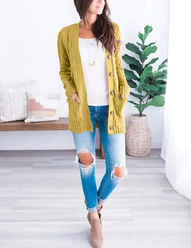 Vista 4 de MEROKEETY - Suéter de punto trenzado y manga larga para mujer, estilo cárdigan abierto al frente, con botones, para otoño, ropa de exterior holgada