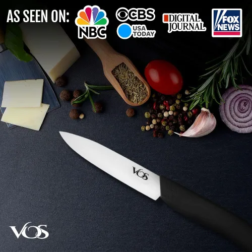 Vista 2 de Vos Cuchillo de pelar de cerámica - Hoja de circonia de 4 pulgadas con funda protectora - Cuchillo de cocina para frutas y verduras (Negro)