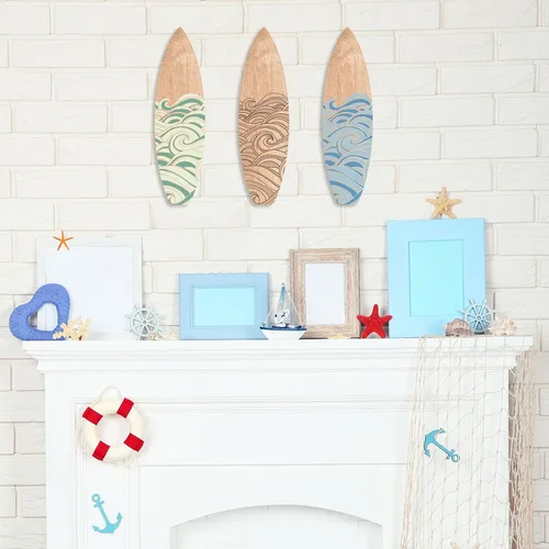 Vista 6 de RattanView Juego de 3 piezas de decoración de pared de tablas de surf de 11.8 x 3.4 pulgadas, tabla de surf de madera ondulada, playa, verano