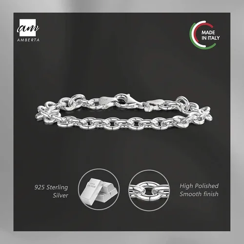 Vista 5 de Amberta Pulsera de plata de ley 925 para mujer, varios estilos, cadena de cable, eslabones lisosestampados, longitud de 7.5in