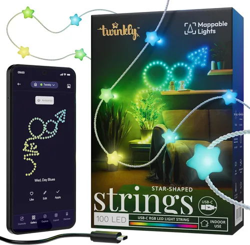Vista 17 de Twinkly Strings - Cadena de luces en forma de vela USB-C con 100 LED RGB, 20 pies. Cable verde. Controlado por aplicación. Alimentado por USB-C.