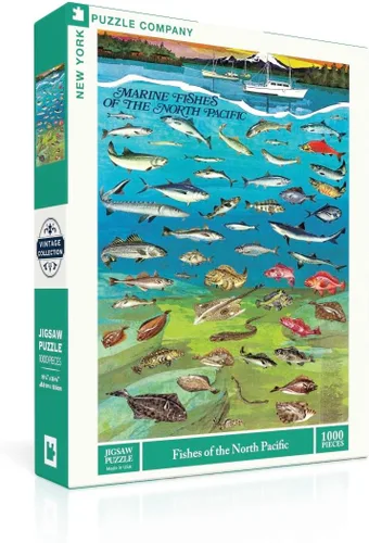 Vista 3 de New York Puzzle Company - Vintage Images Fishes of the North Pacific - Rompecabezas de 1000 piezas para noches de juego familiares