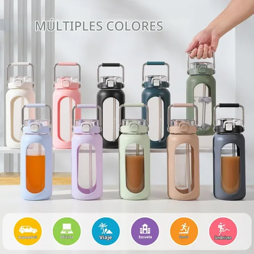 Vista 6 de BLUEGO Botella de agua de vidrio de 64 onzas con mango de acero inoxidable, botella de agua grande con marcadores de tiempo y funda de silicona Ámbar
