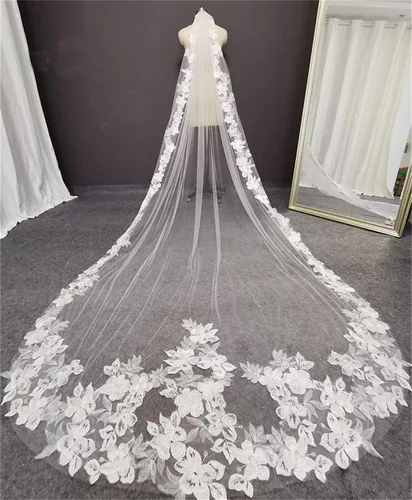 Vista 3 de HOUKAI JIAMEI - Velo de novia con peine, accesorios de boda de encaje floral, 9.8ft, 1 capa, suave, tul, iglesia