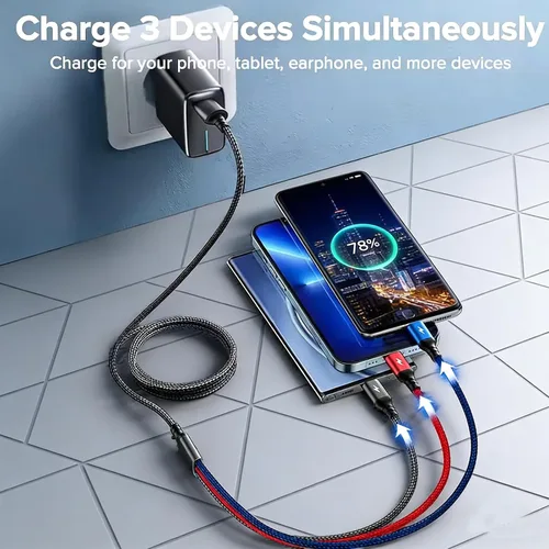 Vista 2 de Juego de cables de carga USB multifunción, paquete de 3 cables trenzados de nailon 3 en 1, múltiples cables de carga rápida para el hogar, oficina