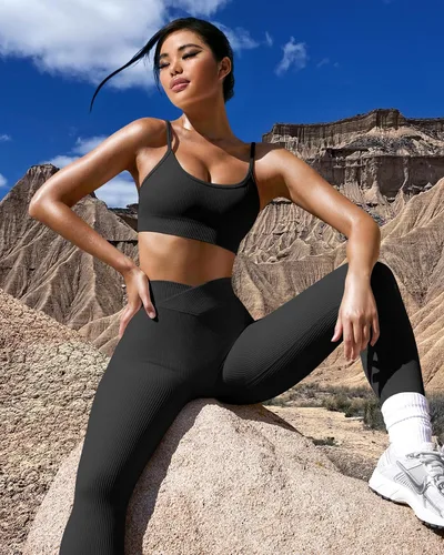 Vista 4 de OQQ Leggings de yoga para mujer, 2 piezas, acanalados, sin costuras, para entrenamiento, cintura alta, cruzados, para ejercicio atlético