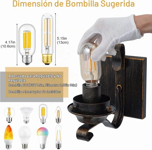 Vista 6 de Yisuro Aplique de Pared con Cable, Aplique de Pared de Bronce Cepillado con Cable para Interior, Lámparas de Pared Retro Rústicas con Vidrio Ámbar