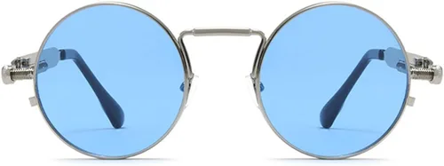 Vista 3 de Rehomy Gafas de sol polarizadas steampunk de moda, lentes circulares con marco de metal para hombres y mujeres, Marco plateado + lente azul hielo