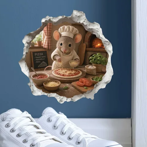 Vista 7 de Calcomanía de ratón de pizza en agujero de ratón, adhesivo de pared 3D con agujero de ratón