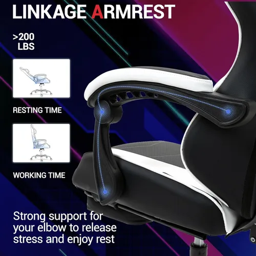 Vista 5 de Silla de juegos con reposapiés para adultos, silla de videojuegos de piel sintética con soporte lumbar de masaje para hombres y mujeres, silla